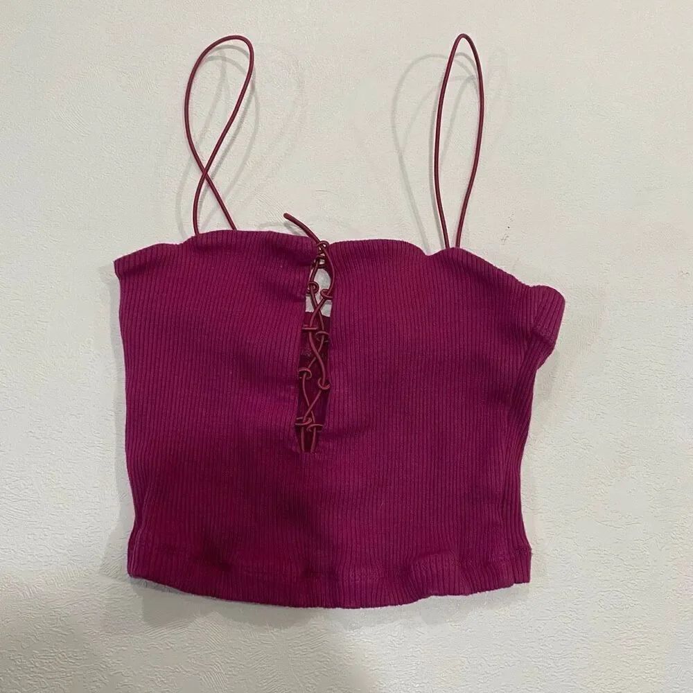 Free People Intimately Fuchsia Lace-Up Ribbed Crop Top XS